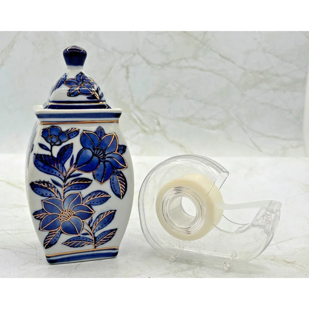 Vintage Chinoiserie Square Ginger Jar Porcelain Blue & White Gilt Gold Accents
